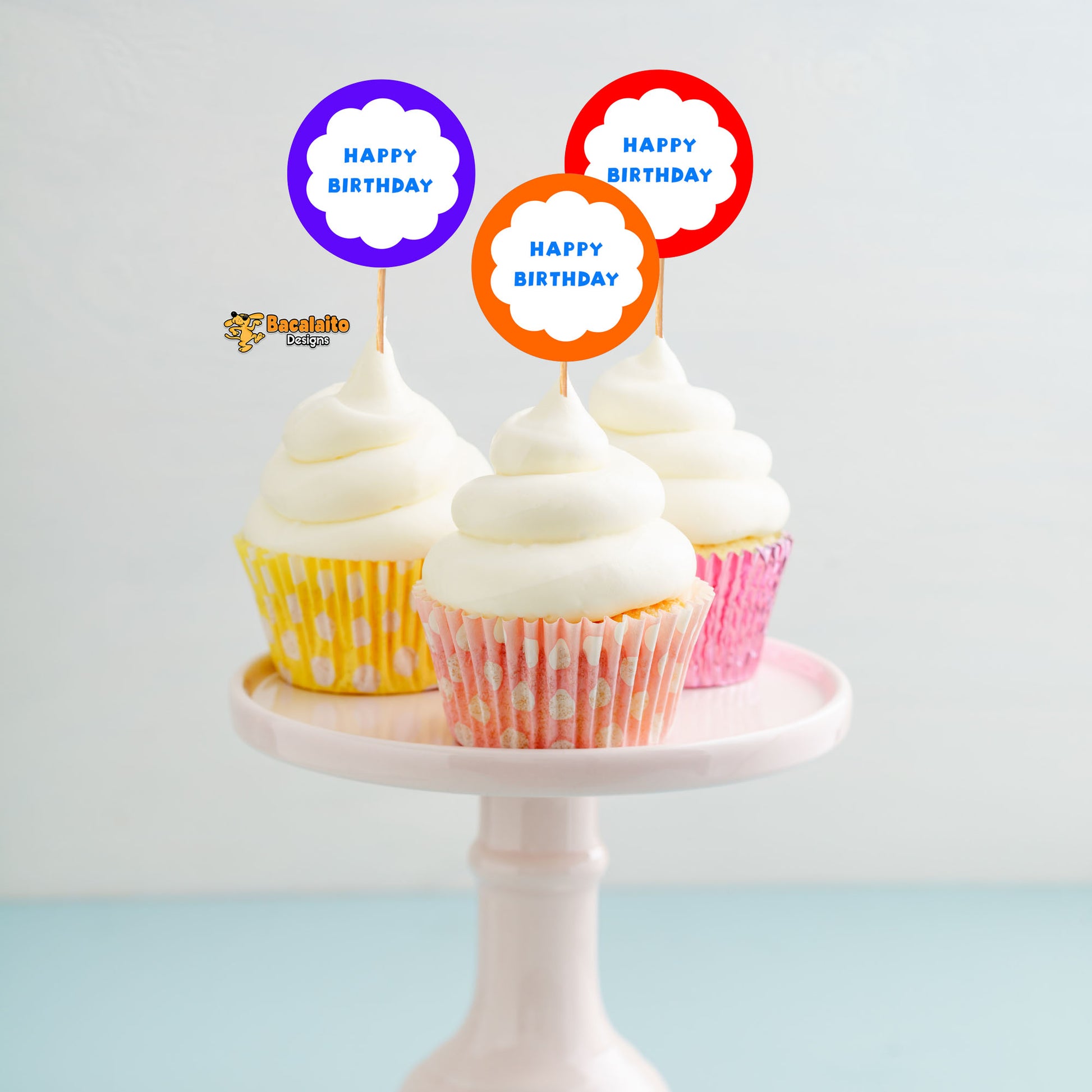 Colorful Happy Birthday Cupcake Toppers - Bacalaito Designs